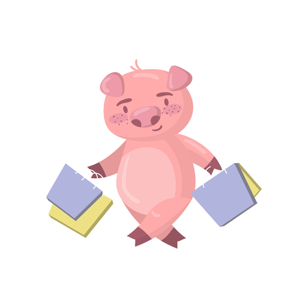 Cute pig character standing with shopping bags, funny cartoon piggy animal shopper vector Illustration on a white backgroundのイラスト素材