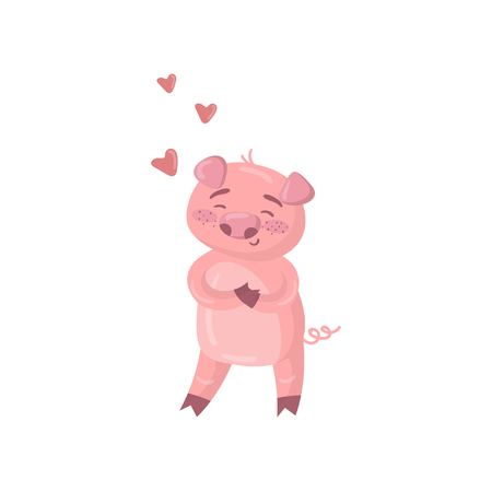Cute pig character in love, funny cartoon romantic piggy animal vector Illustrationのイラスト素材