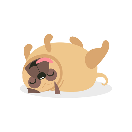 Cute pug dog character sleeping on its back, pet dog cartoon vector Illustrationのイラスト素材