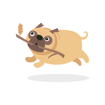 Cute pug dog character running with stick, pet dog cartoon vector Illustrationのイラスト素材