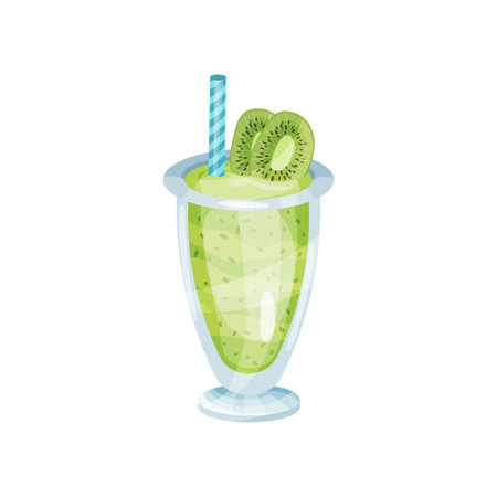 Healthy fresh kiwi smoothie in glass with straw, healthy food for breakfast cartoon vector Illustrationのイラスト素材