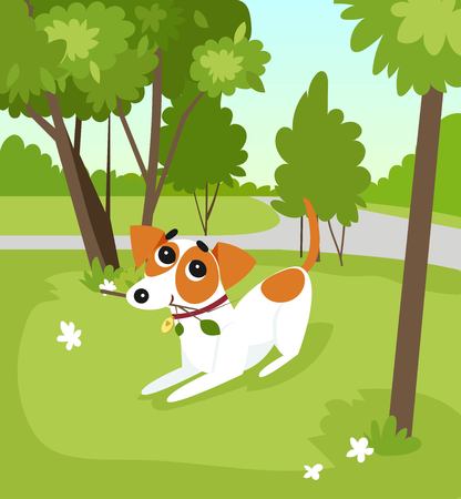 Cute jack russell terrier dog running with stick in the park, summer landscape vector illustrationのイラスト素材
