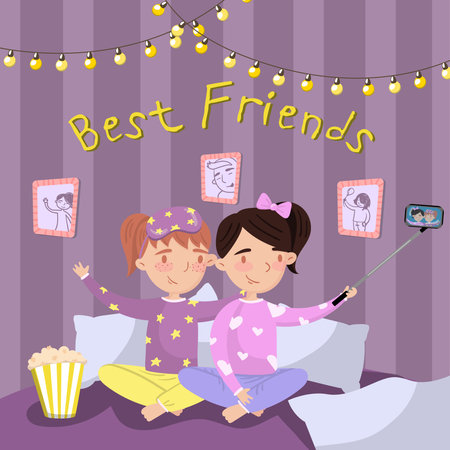 Two girls in pajamas making selfie while sitting on the bed, kids in pajamas at slumber party. Best friends vector illustration, cartoon style design element for poster or bannerのイラスト素材
