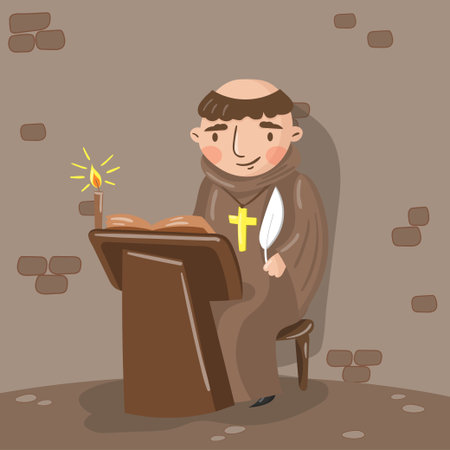 Medieval monk scribe character writing a chronicle of contemporary events in monastic cell vector illustration in cartoon styleのイラスト素材