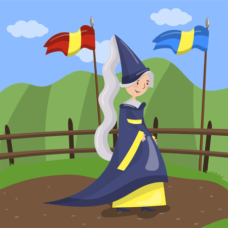 Maid of honor of the queen in a blue dress and pointed hat walking on summer landscape background vector Illustration in cartoon styleのイラスト素材