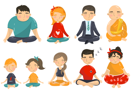 People meditating and relaxing in yoga position set, men, women and kids doing yoga cartoon vector Illustrations on a white background.のイラスト素材