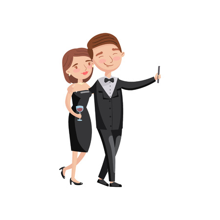 Beautiful loving couple spending time together and making selfie photo cartoon vector Illustration on a white backgroundのイラスト素材