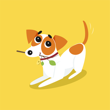 Cute jack russell terrier running with stick, funny pet animal character cartoon vector Illustration on a yellow backgroundのイラスト素材