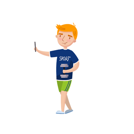 Cute redhead boy making selfie photo cartoon vector Illustrationのイラスト素材