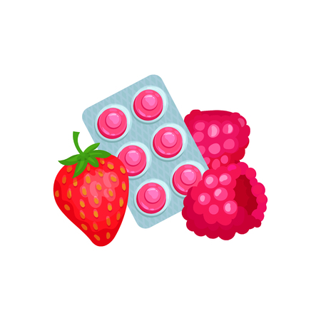 Package of lozenges with strawberry and raspberry flavor tastes, sucking candies for sore throat and cough remedy cartoon vector Illustrationのイラスト素材