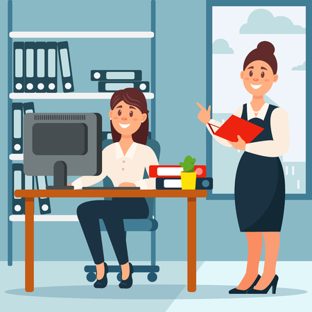 Businesswoman standing at her subordinate and making notes, office workplace with table and bookcase, vector Illustrationのイラスト素材