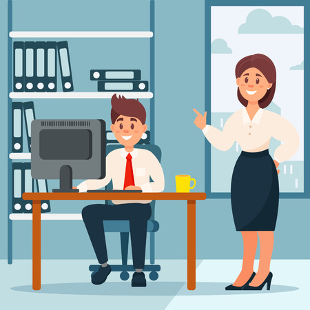 Businessman working with laptop computer, personal assistant making notes, office workplace with table and bookcase, vector Illustrationのイラスト素材