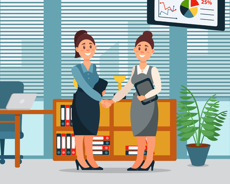 Business people cooperation agreement, handshake of two businesswomen, productive partnershi , modern office interior vector Illustration, cartoon styleのイラスト素材