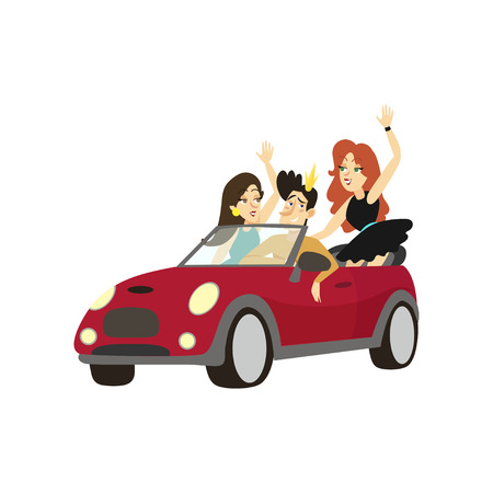 Modern prince driving cabriolet car, happy friends in a car comic characters cartoon vector Illustrationのイラスト素材