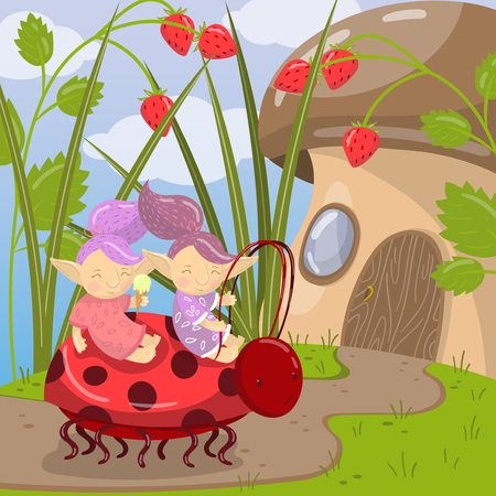 Cute troll characters riding on ladybug to mushroom house, colorful vector illustration in cartoon style.のイラスト素材