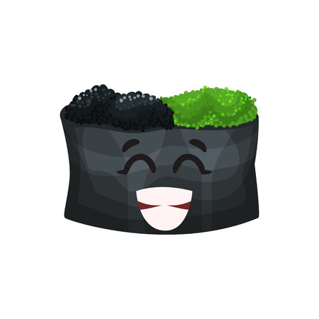 Cute happy roll character with caviar, sushi with funny face cartoon vector Illustration on a white backgroundのイラスト素材