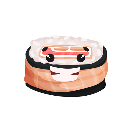 Cute smiling sushi character, roll with funny face cartoon vector Illustration on a white backgroundのイラスト素材