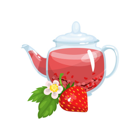 Natural herbal tea in a glass transparent teapot with fresh mint and strawberry vector Illustration:: tasmeemME.com