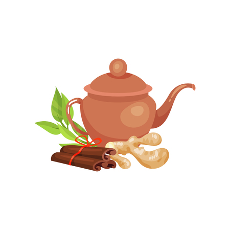 Ceramic teapot, blackberry and fresh lime and ginger, natural herbal tea vector Ilustrationのイラスト素材