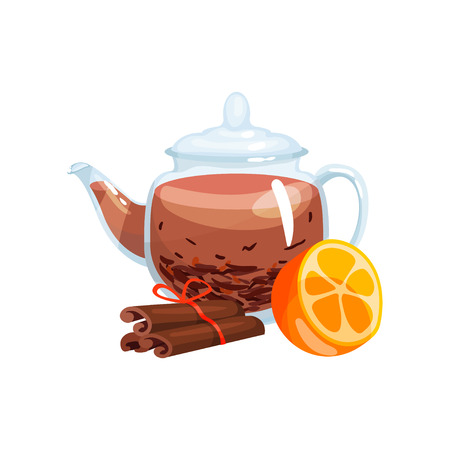 Natural green herbal tea in a glass transparent teapot with fresh orange friut and cinnamon vector Illustrationのイラスト素材
