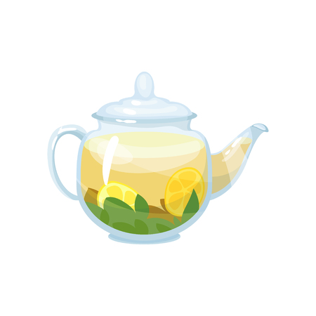 Natural herbal tea in a glass transparent teapot with lemon vector Illustrationのイラスト素材