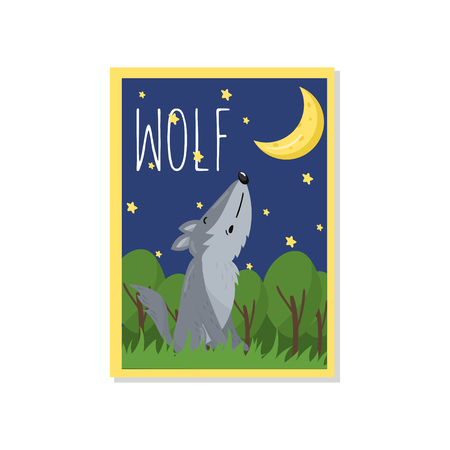 Cute wolf vector illustration with woodland animal, design element for banner, flyer, placard, greeting card, cartoon styleのイラスト素材