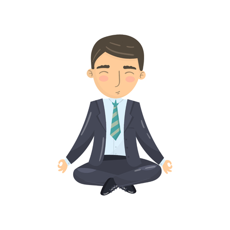 Businessman meditating in yoga lotus position, office worker relaxing cartoon vector Illustrationのイラスト素材