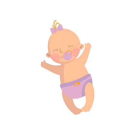 Sweet baby girl in pink diaper with pacifier cartoon vector Illustrationのイラスト素材