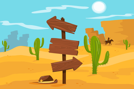 Old wooden road sign standing on desert landscape background vector Illustration, cartoon styleのイラスト素材