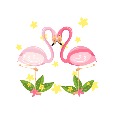 Pink flamingo couple, love, family concept, exotic tropical birds vector Illustrationのイラスト素材