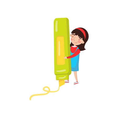 Cute girl with giant highlighter, preschool activities and early childhood education cartoon vector Illustrationのイラスト素材