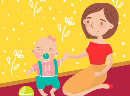 Mom playing ball with her little baby son photo, best moments on pictures, portrait of family members vector Illustrationのイラスト素材
