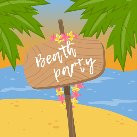 Beach party wooden road board sign on tropical background colorful vector Illustration in cartoon style.のイラスト素材