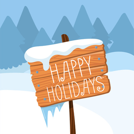 Happy Holidays wooden board sign on winter landscape background vector Illustration, cartoon styleのイラスト素材