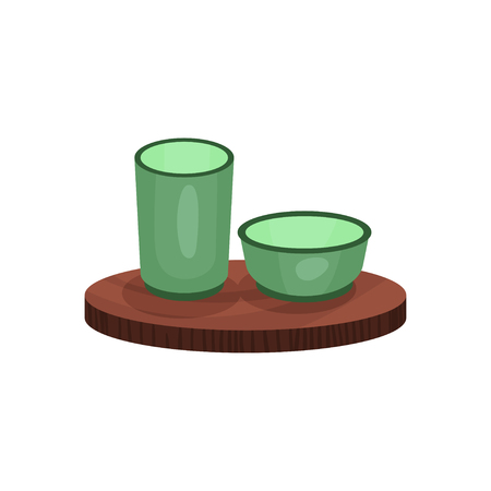 Green teacups on bamboo wooden trivet, tea ceremony element cartoon vector Illustrationのイラスト素材