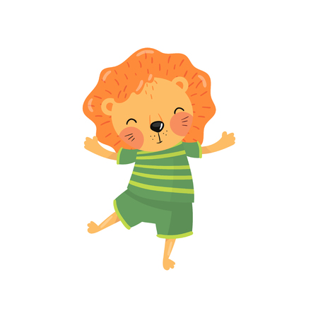 Cartoon character of baby lion in green striped t-shirt and shorts. Funny wild animal with orange mane, little rounded ears and happy muzzle. Colorful flat vector design.のイラスト素材