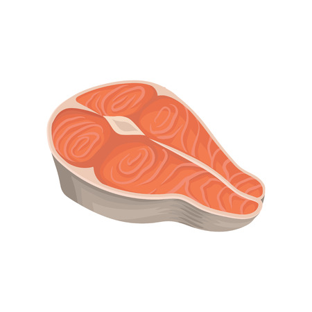 Cartoon illustration with fresh raw salmon steak. Fish fillet, natural marine product, concept of seafood. Design element of tin can flat vector icon.のイラスト素材