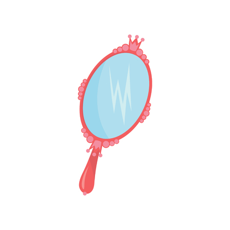 Cartoon small handle mirror in pink oval frame. Accessory of little princess. Looking-glass with blue surface. Flat vector design for fairy tale bookのイラスト素材