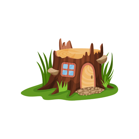 Small fairy-tale house in form of old stump surrounded by tall green grass. Home with wooden arched door and square window. Cartoon vector illustration in flat style isolated on white background.のイラスト素材