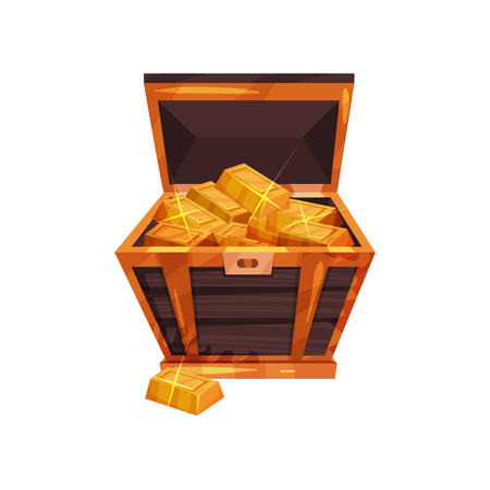 Antique wooden chest filled with shiny golden ingots. Pirate treasures. Graphic design element for mobile game interface. Cartoon flat vector icon. Colorful illustration isolated on white background.のイラスト素材