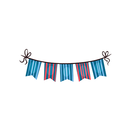 Icon of striped bunting flags. Colorful accessory for Birthday party. Graphic design element for invitation or greeting card. Cartoon flat vector illustrationのイラスト素材