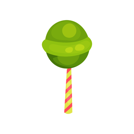 Green round lollipop. Sweet candy on striped stick. Cartoon icon in flat style. Vector design element for Happy Birthday card or sweet shopのイラスト素材
