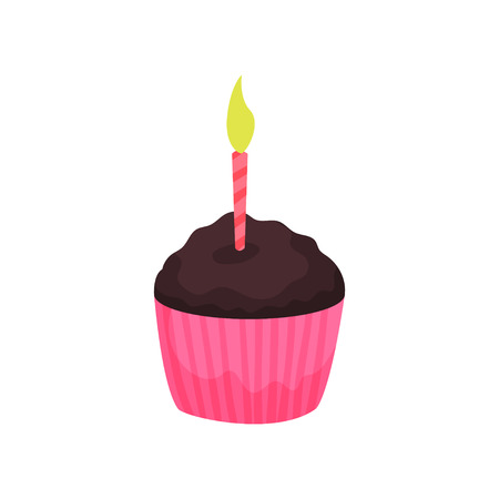 Birthday cupcake or muffin with burning candle. Tasty chocolate dessert. Cartoon icon in flat style. Colorful vector design element for greeting cardのイラスト素材