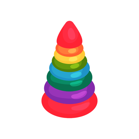 Cartoon pyramid of colorful plastic rings. Toy for toddlers or preschool children. Educational game. Learning through play. Isolated flat vector iconのイラスト素材