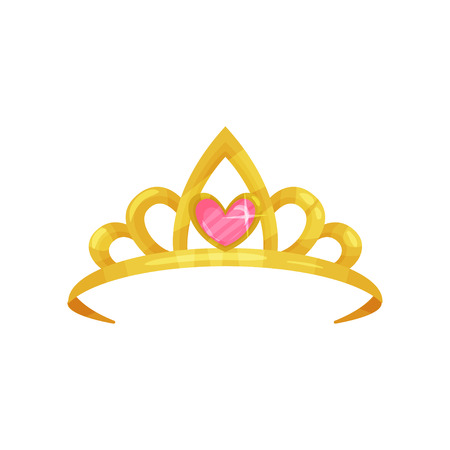 Cartoon icon of shiny princess crown with precious pink stone in shape of heart. Golden ancient queen tiara. Symbol of royal dignity. Colorful flat vector designのイラスト素材