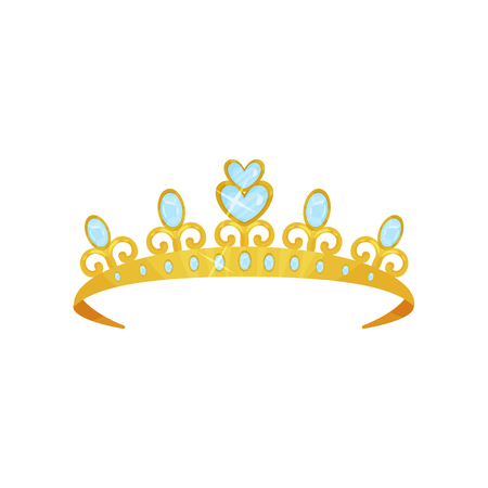 Shiny princess tiara decorated with blue gems. Golden queen crown. Woman s head accessory. Symbol of royal dignity. Expensive jewelry. Colorful flat vector designのイラスト素材