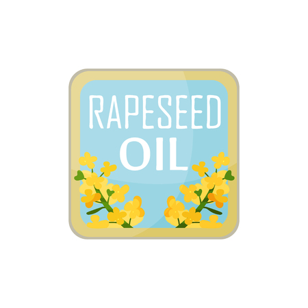 Square label with bright-yellow rapeseed flowers and text. Packaging design for organic and healthy product.のイラスト素材