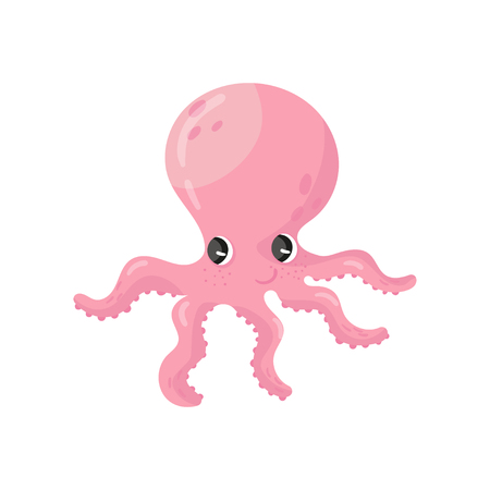 Adorable pink octopus with big shiny eyes. Marine animal with long tentacles.のイラスト素材