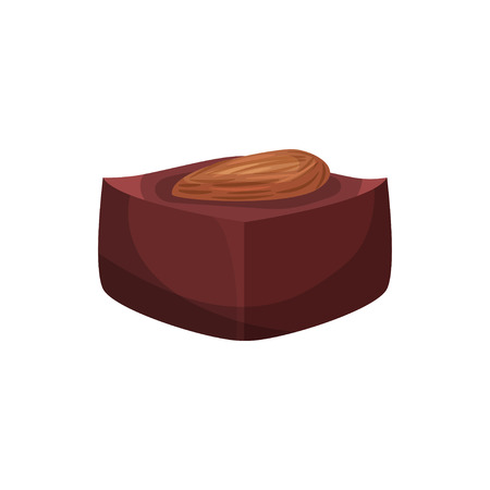 Candy from cocoa beans with almond nut. Delicious chocolate dessert for coffee break. Confectionery product. Decorative element for box of sweets. Detailed vector icon isolated on white background.のイラスト素材