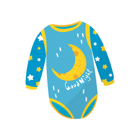 Cartoon icon of blue baby bodysuit with long sleeves and crescent print. Cute apparel for newborn boy. Kids clothing. Children s garment. Colorful flat vector illustration isolated on white backgroundのイラスト素材